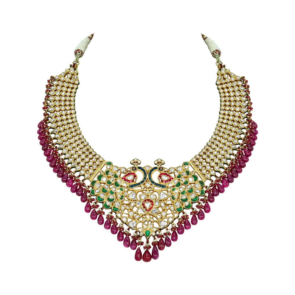 Necklace with Peacock Motifs, Polkis, and Ruby Drops